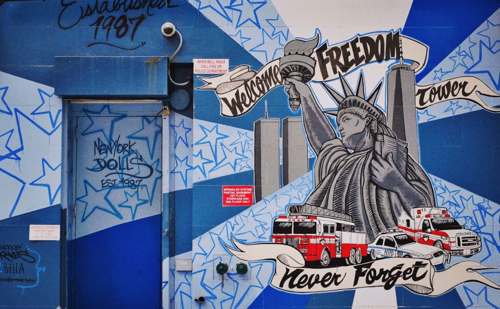 Statue of Liberty printed on blue and white wall